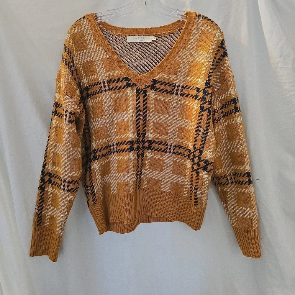 Astr The Label V-neck Mustard Yellow Plaid Sweater Sz M Academia Preppy Y2K Vibe